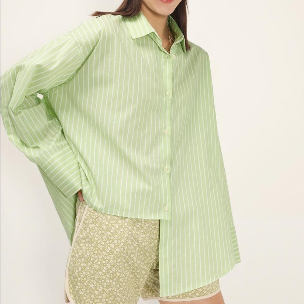 STORETS Green Striped Asymmetrical Button Down Shirt